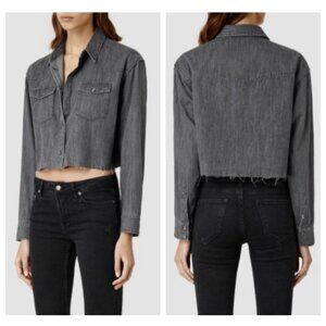 AllSaints Womens Long Sleeve Button Down Cropped Denim Shirt Jacket Black Size 4